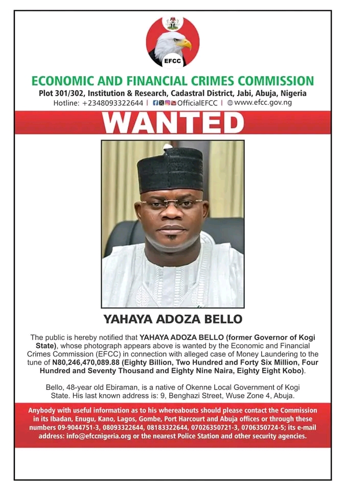 BREAKING! Money Laundering: EFCC Declares Yahaya Bello Wanted