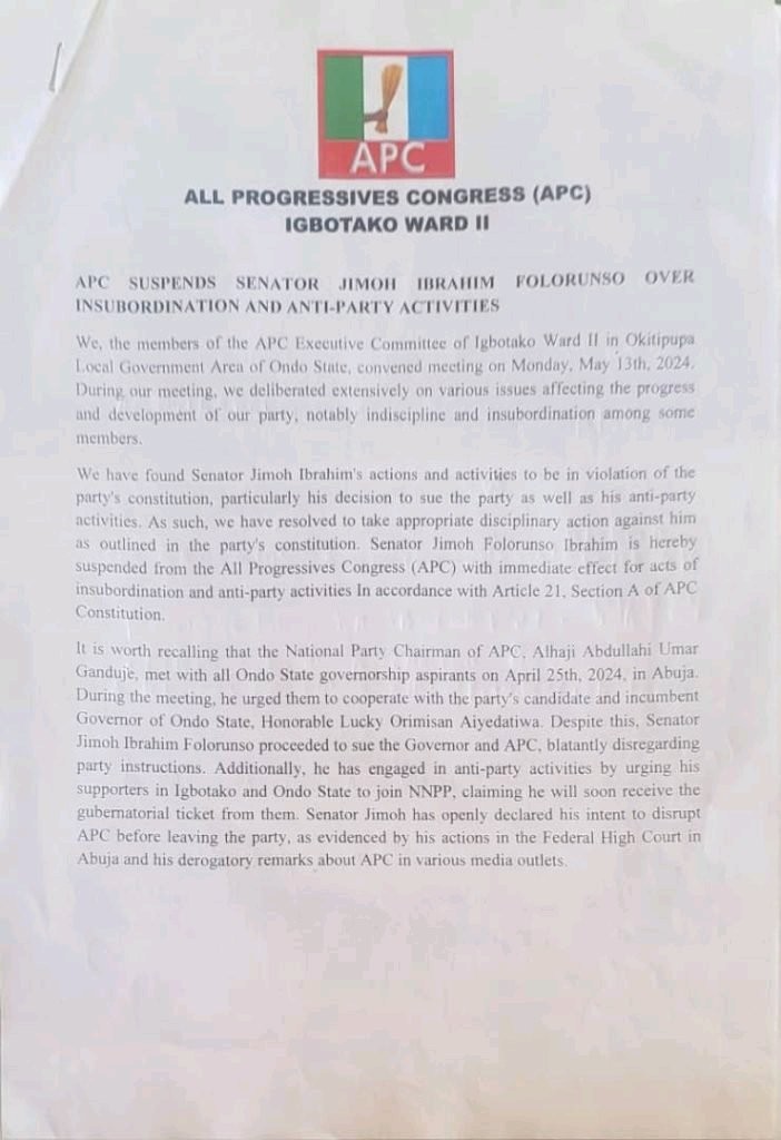 JUST IN: APC Suspends Jimoh lbrahim