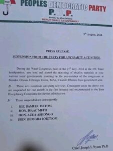 JUST IN: PDP Suspend Ex-Benue Governor, Samuel Ortom, Three Others Over Election Materials Snatching